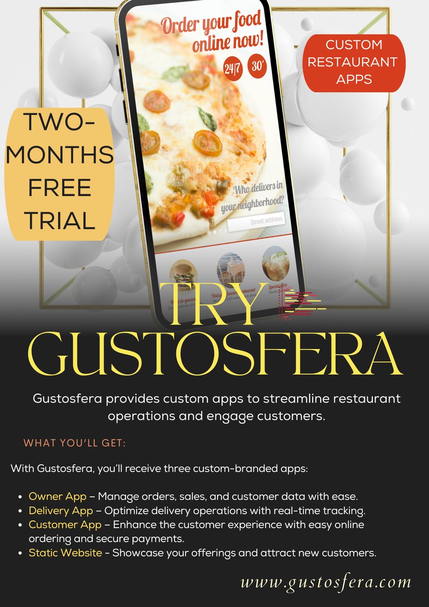gustosfera's tweet photo. Restaurants Around the World: Try Gustosfera for Two Months, Completely Free!

We're excited to invite restaurant owners to experience the power of #Gustosfera—our custom restaurant app solution that can revolutionize your business.

https://t.co/gZNhBvQkZ2

#RestaurantApps https://t.co/g8mlklBj5j