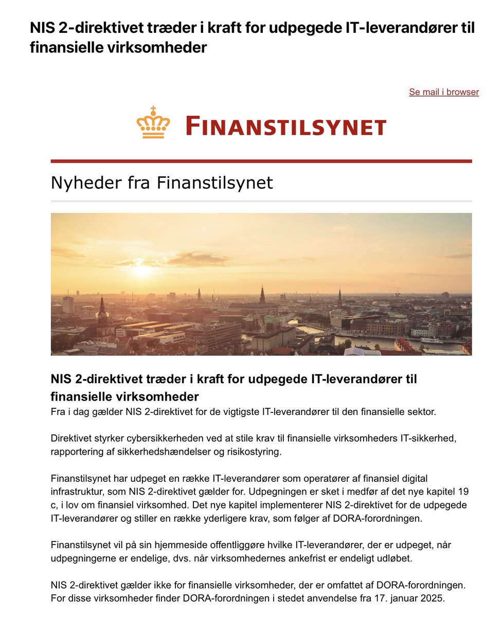 m_camphausen's tweet photo. Finanstilsynets nyhed om NIS2’s anvendelse fra i dag på datacentraler og andre udpegede it-leverandører til den finansielle sektor (selve de finansielle virksomheder er som bekendt underlagt DORA i stedet) #dkfinans #fintech https://t.co/YGkSp8VLed