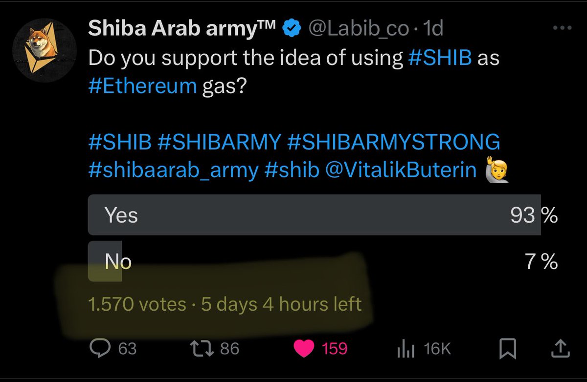 Labib_co's tweet photo. #SHIB is the ideal solution. Look here with me, my friend @VitalikButerin , we already have a decent number of votes, and we are still on the second day. What happens if you initiate a vote? Everyone agrees on using #shib as gas for the #Ethereum blockchain.

#SHIBARMY #shibaarab_army #shibaArmy