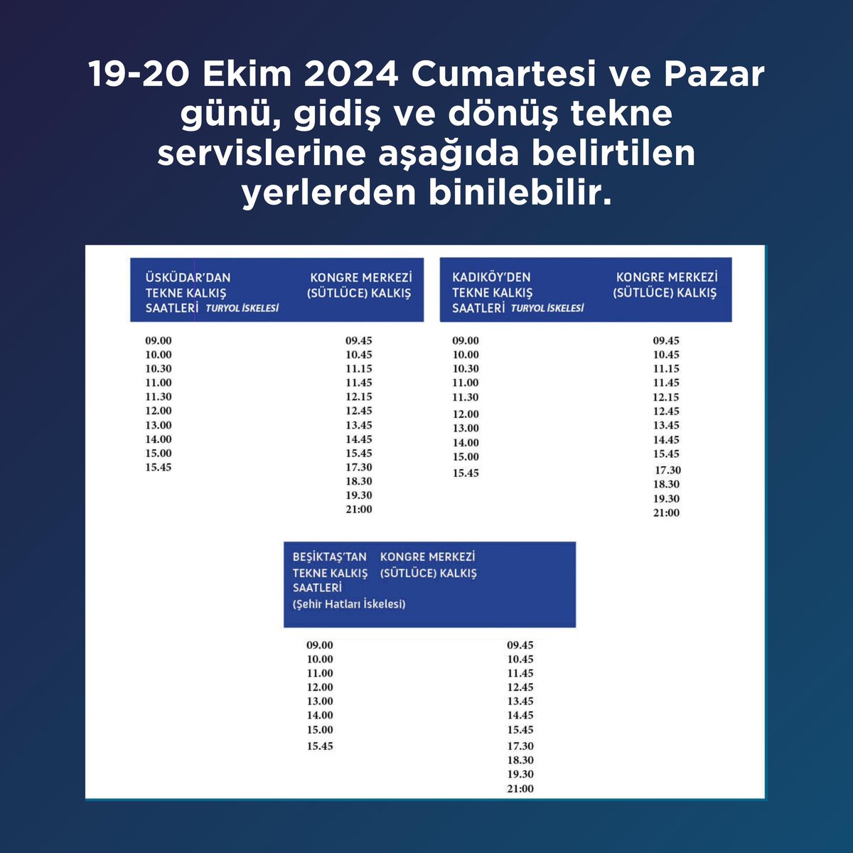 Yarın yapılacak olan #İstanbulBarosu Genel Kurulu ile pazar günkü seçimler için Baromuz tarafından duyurulan tekne ve servis saatlerini bilgilerinize sunarız. Servisler ücretsizdir.