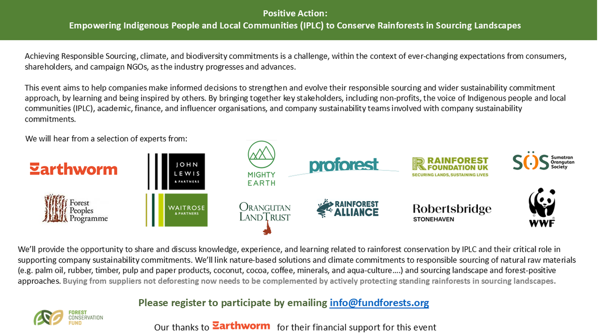 FundForests's tweet photo. Amazing speakers for our event in London on 5th November, ‘POSITIVE ACTION - EMPOWERING INDIGENOUS PEOPLE AND LOCAL COMMUNITIES TO CONSERVE RAINFORESTS IN SOURCING LANDSCAPES’. Details to register in comments https://t.co/pov3Ceo1em