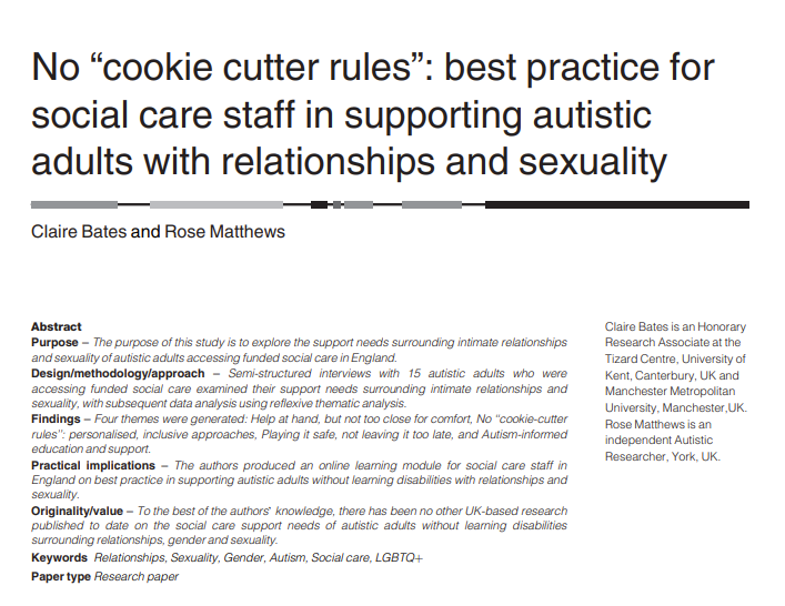 Explore the support needs surrounding intimate relationships and sexuality of #Autistic  adults accessing funded social care in England: emerald.com/insight/conten…
<a href="/VerityChester/">Verity Chester</a>