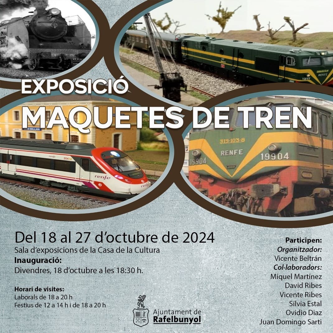 Metrovalencia (@metrovalencia) on Twitter photo 👏 Hui a les 18:30h s'inaugura una nova exposició de maquetes de trens a <a href="/Rafelbunyol_Ajt/">Ajuntament de Rafelbunyol</a>
🗓️ Del 18/10 al 27/10
📍Sala d'exposicions, Casa de la Cultura, Camí Fons, 2
🚉 Recreacions d'estacions ferroviàries de diverses tipologies 👏 Hui a les 18:30h s'inaugura una nova exposició de maquetes de trens a <a href="/Rafelbunyol_Ajt/">Ajuntament de Rafelbunyol</a>
🗓️ Del 18/10 al 27/10
📍Sala d'exposicions, Casa de la Cultura, Camí Fons, 2
🚉 Recreacions d'estacions ferroviàries de diverses tipologies