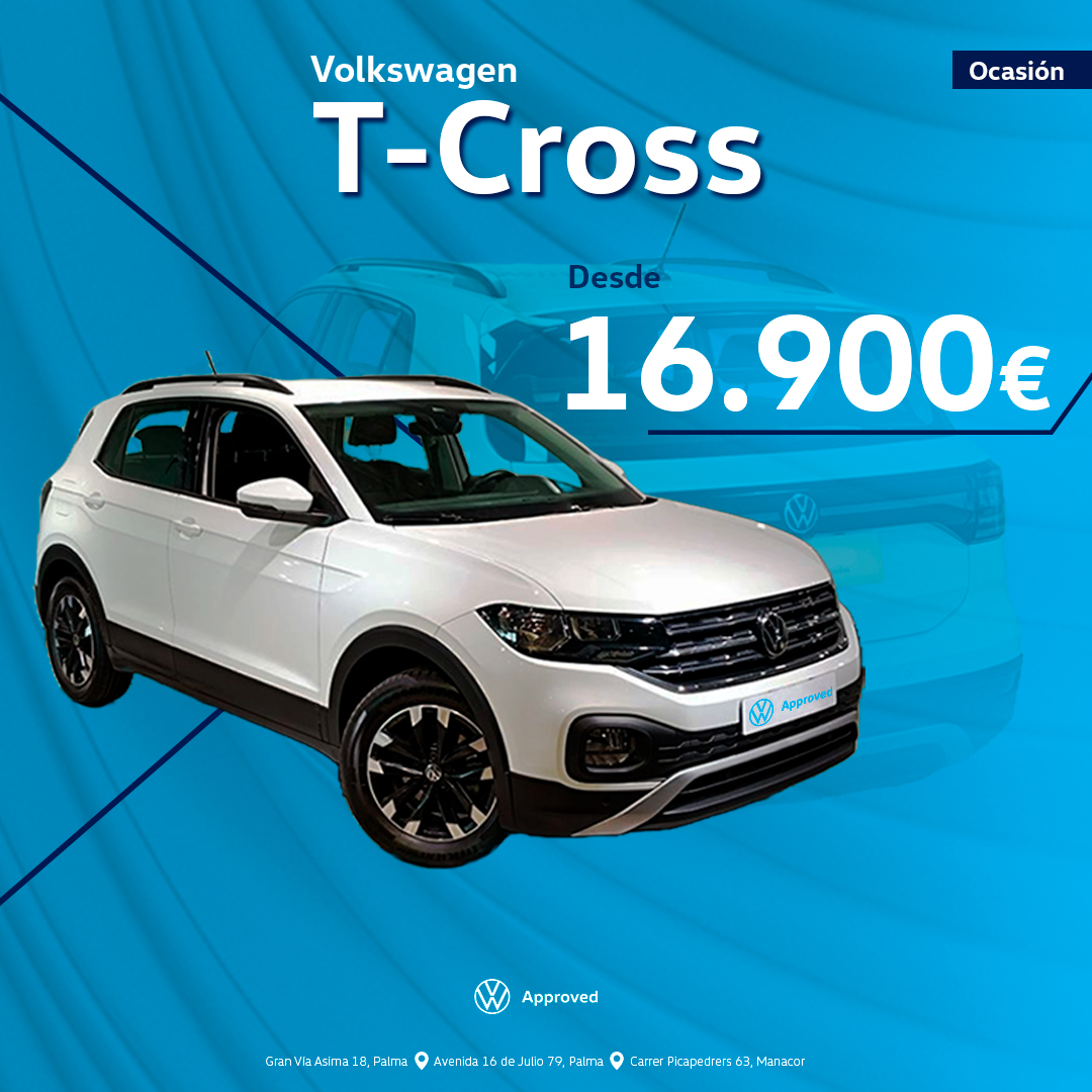 VWapproved's tweet photo. ¡Descubre el Volkswagen T-Cross de ocasión desde 16.900 euros! Y con entrega inmediata. SOLO en Approved Awauto. 

Ver más en https://t.co/TutqXvUh5D

 #mallorca #volkswagen #volkswagenapproved https://t.co/oNRovNo7hq