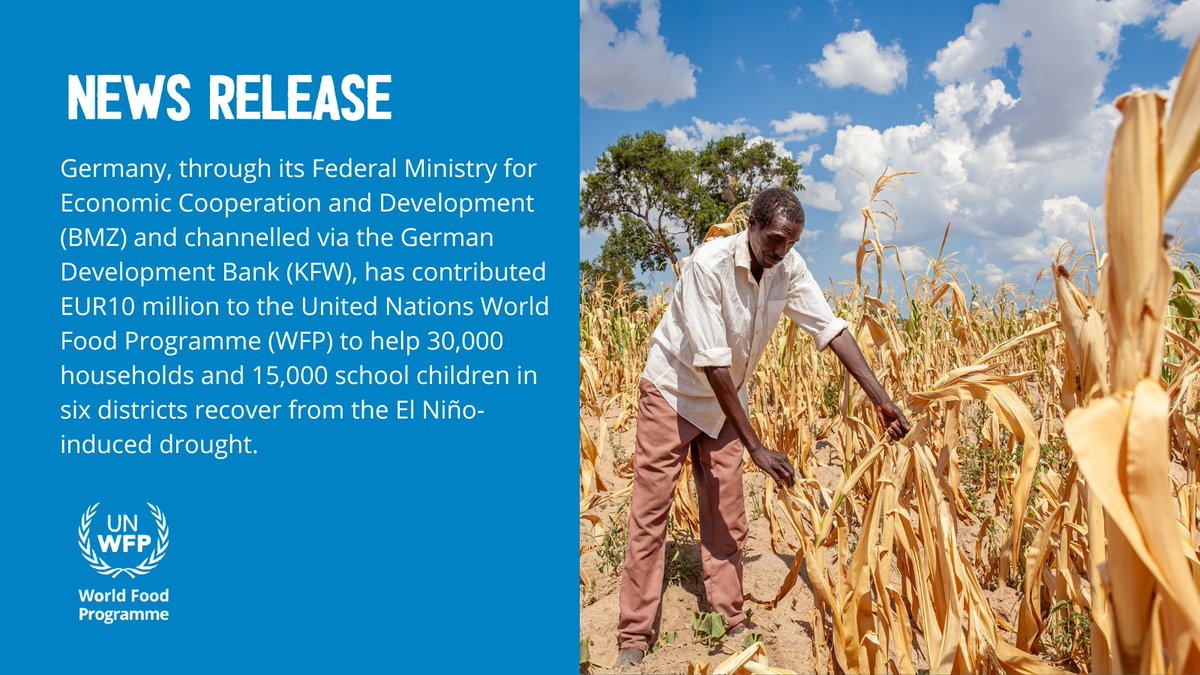 WFP receives EUR10M from Germany's BMZ via KFW to support 30,000 households &amp; 15,000 school children in 6 districts affected by El Niño-induced drought in Zambia.

Thank you, Germany🇩🇪, for helping communities recover. 

<a href="/GermanyinZambia/">German Embassy ZAM</a> 
 
Read📰 More👇
wfp.org/news/germany-a…