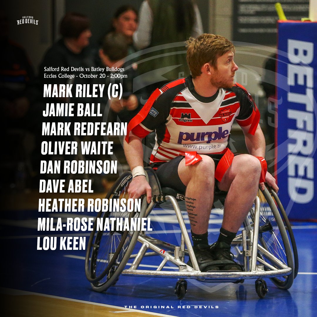 Salford Red Devils ๐น (@salforddevils) on Twitter photo โ It's ๐๐๐๐ ๐๐๐ for our Wheelchair team over at Eccles College! 
They take on Batley Bulldogs at 2pm. Check out the line-up below ๐ โ It's ๐๐๐๐ ๐๐๐ for our Wheelchair team over at Eccles College! 
They take on Batley Bulldogs at 2pm. Check out the line-up below ๐