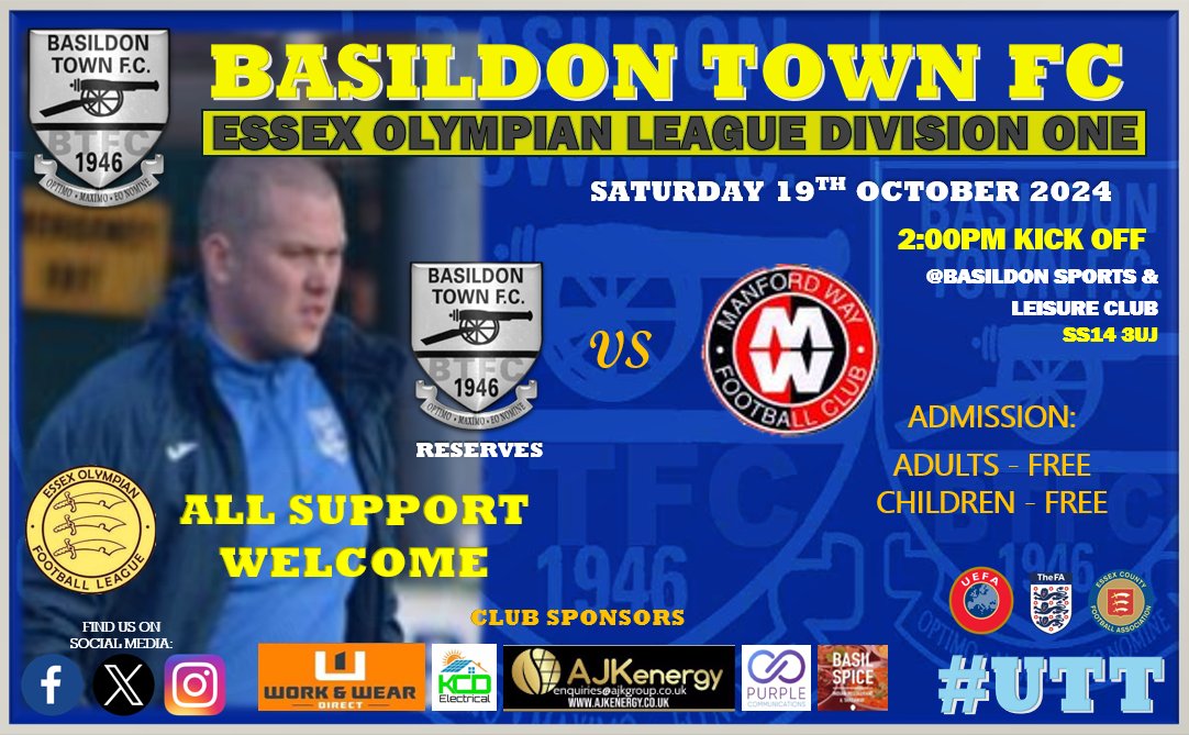 ⭐️ NEXT RESERVE TEAM MATCH ⭐️

⌛️ TOMORROW ⌛️

🔵⚪️  SENIOR MENS RESERVE TEAM 🔵⚪️
🚨 2024/25 🚨
⚽️ <a href="/eofl/">eofl</a> Division One
@bastownfc vs Manford Way
📆 SAT 19TH OCTOBER
🏟  Basildon Sport and Leisure Club
⚽ K.O 2:00pm
All Support Welcome

#UTT ⚽️🔵⚪️