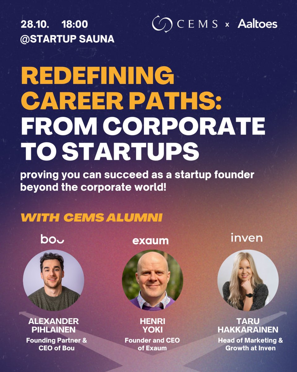 👔 Wondering if there’s more to life than the corporate career track? 🤔 This is your sign to take a leap! 🌱

Join us on 28.10. at 6 PM for an inspiring panel discussion, where CEMS alumni share their journeys from pivoting from corporate to startups! 🦄

Meet our speakers: ✨