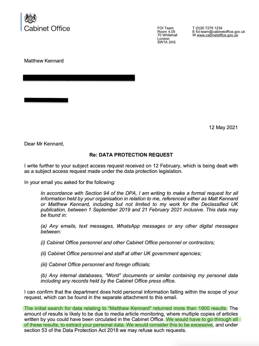 kennardmatt's tweet photo. In 2021, I sent a request to PM Boris Johnson’s Cabinet Office for data they had on me. 

They told me they had so much it was “excessive” to go through it all. 

In the 16 months to February 2021, I was referenced 1,900 times by Cabinet Office staff—an average of 4 times a day. https://t.co/0qY8zKGtZI