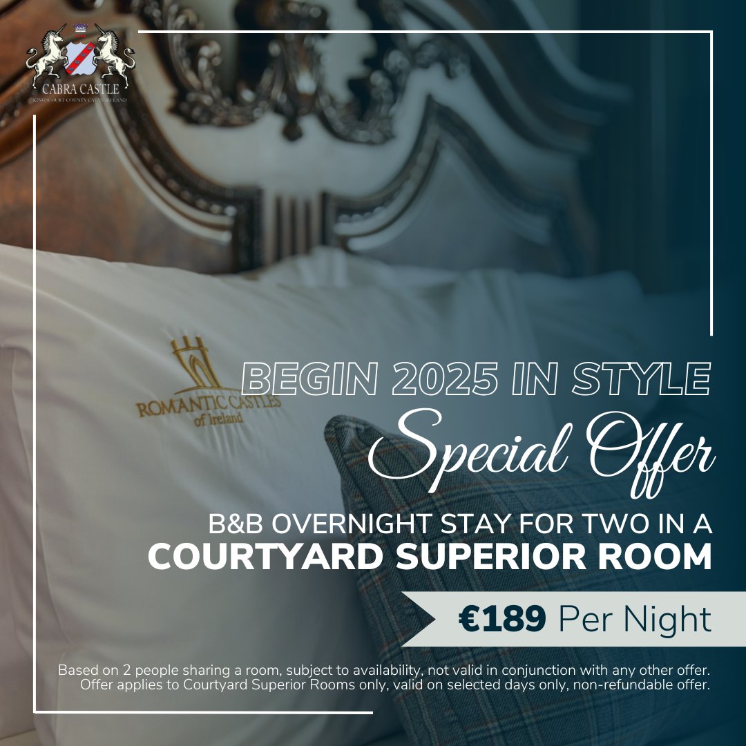 Being 2025 in style with an overnight stay at Cabra Castle 🏰

Treat yourself to a luxurious stay in one of the Courtyard Superior Rooms for only €189 per night including breakfast for two!

Limited availability on select dates, book your stay now at: cabracastle.com/offers/special…