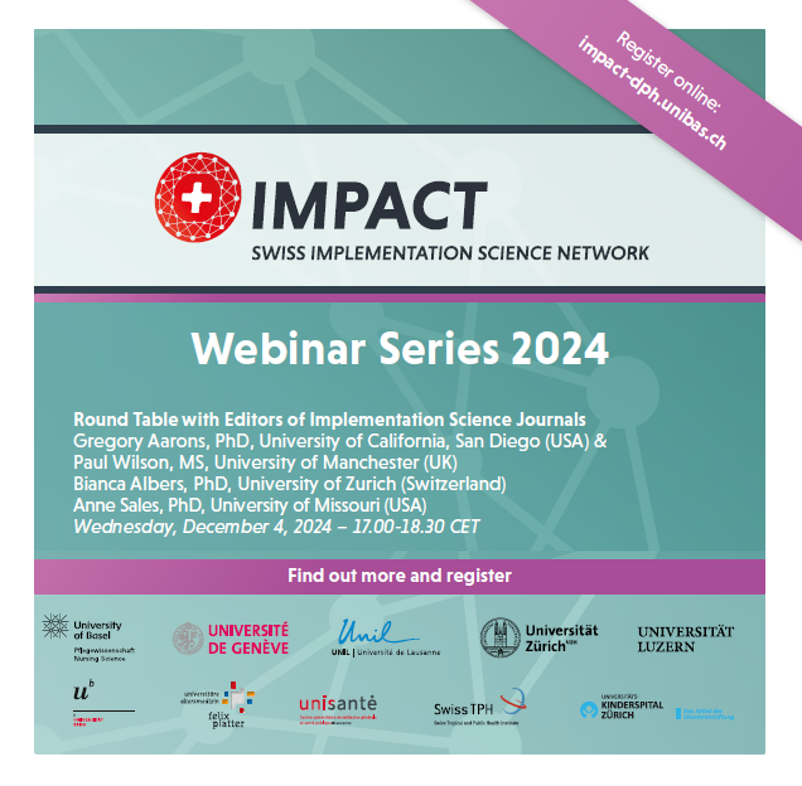 ⏰ One week left to register for the 4th webinar of the Swiss Implementation Science Network (IMPACT) Webinar Series 2024 featuring a round table discussion with editors from leading implementation science journals. #ImpSci
👉🏽 Registration: nursing.wufoo.com/forms/k1gm77zu…