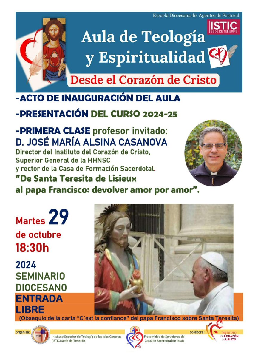 fraternidadscsj's tweet photo. AULA DE TEOLOGÍA Y ESPIRITUALIDAD DESDE EL CORAZÓN DE CRISTO
¡¡Comienza el 2º curso del aula!! 
Con el profesor d. José María Alsina
MARTES 29 DE OCTUBRE A LAS 18.00h (comenzaremos con la Eucaristía)
¡¡No te lo puedes perder!! https://t.co/63U3LJSEYa