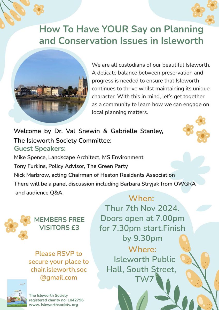 How to have YOUR say on Planning and Conservation in Isleworth 
Meeting Thursday Nov 7th. Isleworth Public Hall
All welcome - reserving your place is essential.
