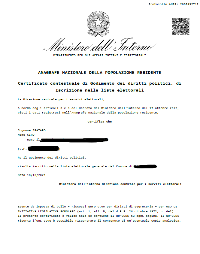 per i cittadini è ora disponibile su anagrafenazionale.interno.it
anche il certificato (da scaricare autonomamente):
- di godimento dei diritti politici
- di iscrizione nelle liste elettorali