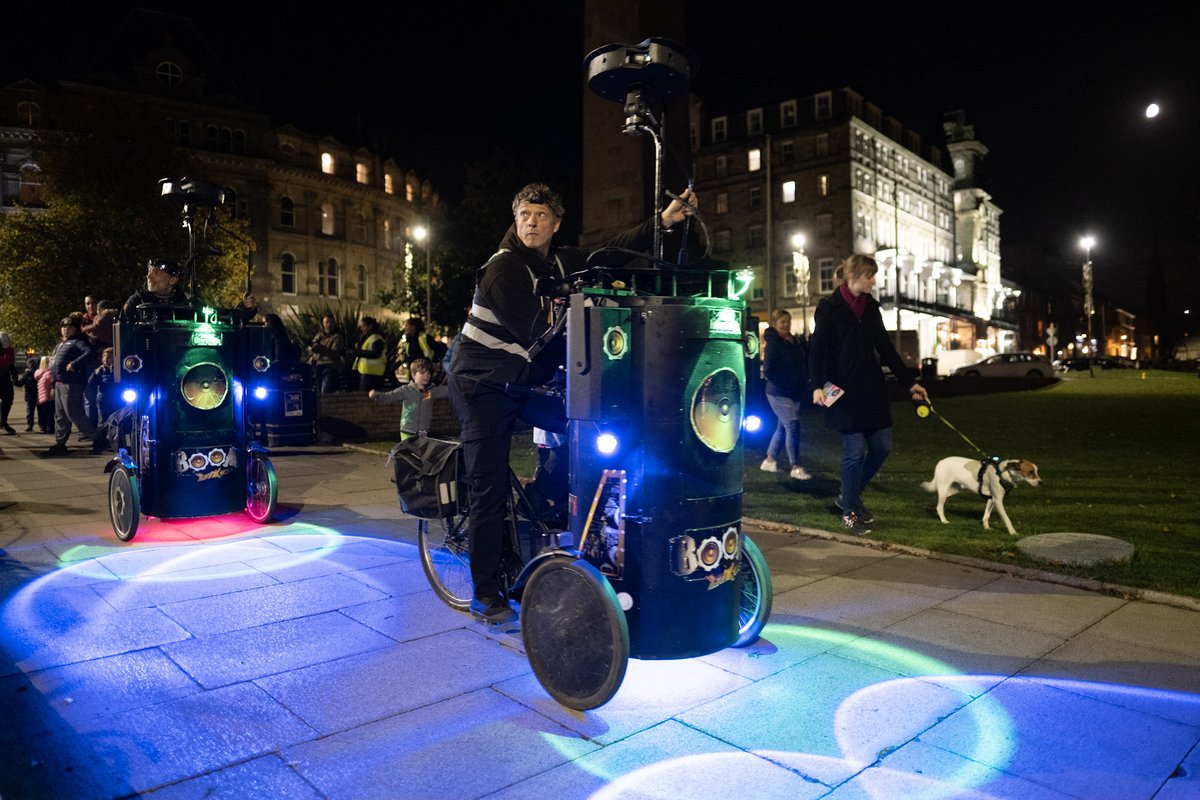 So excited to have the Projector Bikes back in town TONIGHT! ✨

Head to the #harrogate Cenotaph at 6.30 or 8pm for a FREE illuminated trail as the one-of-a kind bikes roam around town projecting enchanting animations onto our buildings!
#raworthslitfest

bit.ly/ProjectorBikes
