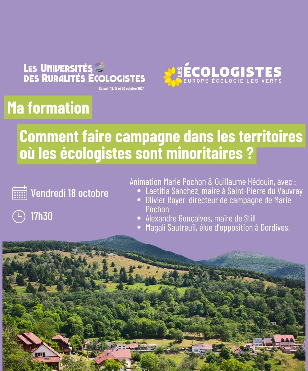 📅Retrouvez <a href="/SanchezLaet/">Laetitia Sanchez</a> et <a href="/GuillaumeHache/">Guillaume Hédouin 🌻🌈</a> aux Universités des Ruralités Écologistes à Épinal du 18 au 20 octobre.

Au programme : 3 jours de débats, de formations, de rencontres, de visites et de convivialité !🌻