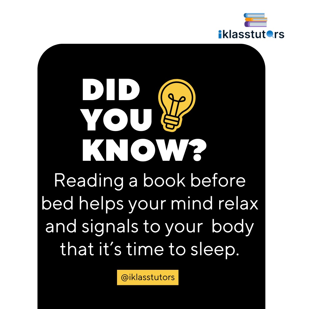 Iklasstutor's tweet photo. Did you Know?

Reading a book before bed helps your mind relax and signals to your body that it's time to sleep.

Now you Know 😎 

#didyouknow #tutoringservice #tutors #hometutoring #onlinetutoring #grouptutoring #fact #acehelp #hometutor #friday #tutor #Davidi #Kuda https://t.co/GattjRiCDk