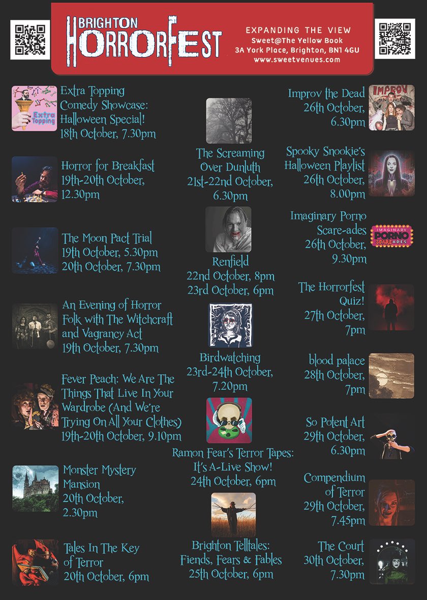 It is upon us! Celebrate! Rejoice! Burn effigies! Brighton HorrorFest 2024 is risen! Bear witness to its plenitude - know its terrors and smile! From the 18th - 30th of Oct, the festival where the shows have come for YOU! brightonhorrorfest.com #brighton #halloween #fringe