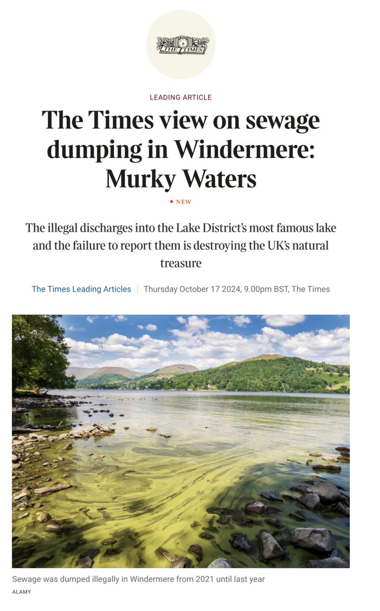 “The illegal discharges into the Lake District’s most famous lake and the failure to report them is destroying the UK’s natural treasure” - <a href="/thetimes/">The Times and The Sunday Times</a> 

<a href="/Keir_Starmer/">Keir Starmer</a> end sewage pollution in Windermere and protect this countries greatest natural national treasure for future