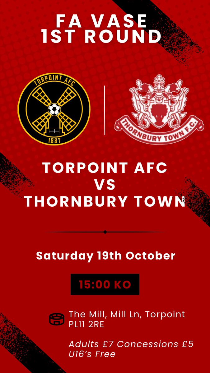 1 day to go

Happy to say the Thorns will be backed by a good number of fans, making the trip down south, for our first ever visit to <a href="/torpointafc/">Torpoint AFC</a> 

FA Vase Round 1 action

#TTFC