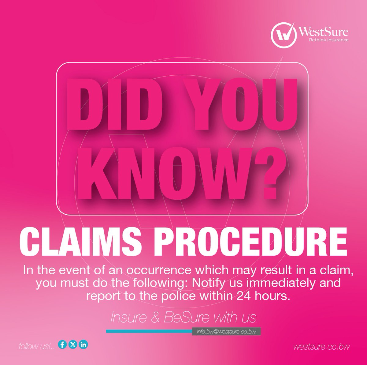 WestsureBW's tweet photo. We're dedicated to making your claims process easy and quick.
For more info, call us on +267 3710619 or send an email to info.bw@westsure.co.bw and for quote requests, send an email to quotes@westsure.co.bw
#BeSure #BeWestSure #InsureToBeSure https://t.co/V6vNzcRKWS