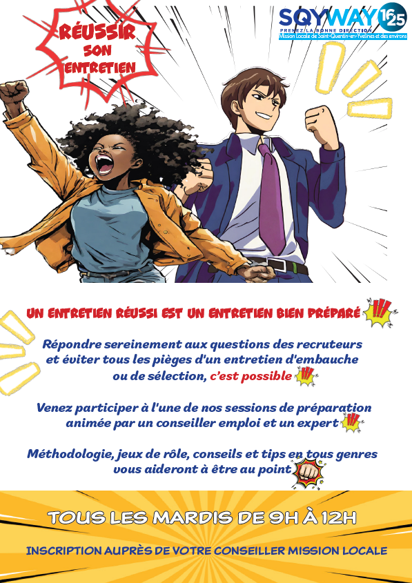 Besoin d'aide pour assurer en entretien ? Participez à nos ateliers de préparation pour être 💯%  prêts ! vous  pourrez vous entrainer en situation "réelle" et profiter  de tous les tips de nos parrains experts  du recrutement  C'est tous les mardis, sur tous les sites de #sqyway