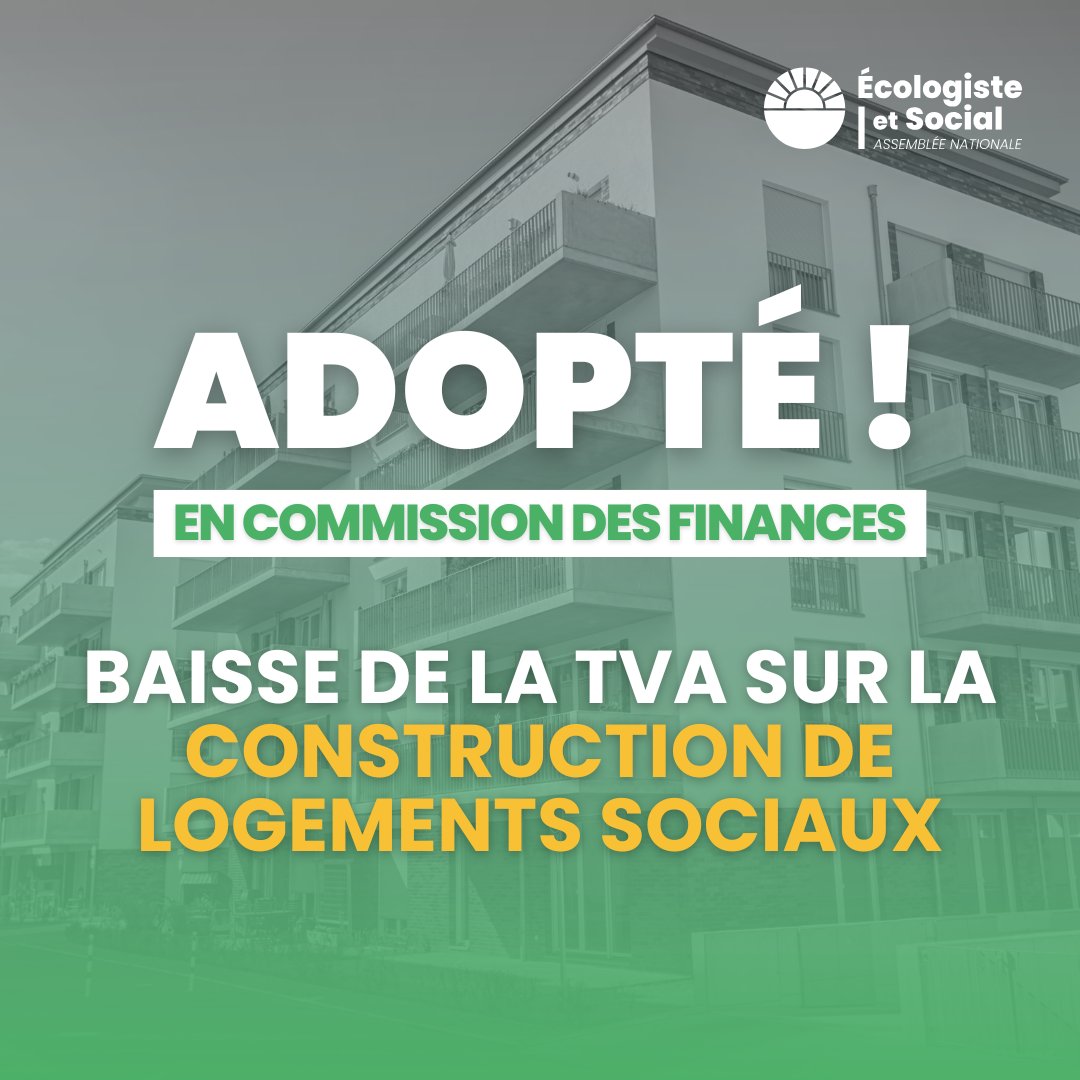 🟢 Notre amendement pour baisser la TVA sur la construction de logement sociaux est ADOPTÉ.

Face à la crise du logement, il est urgent de remettre la TVA à 5,5% sur la construction de logements sociaux neufs et la rénovation des logements sociaux existants. | #DirectAN #PLF2025