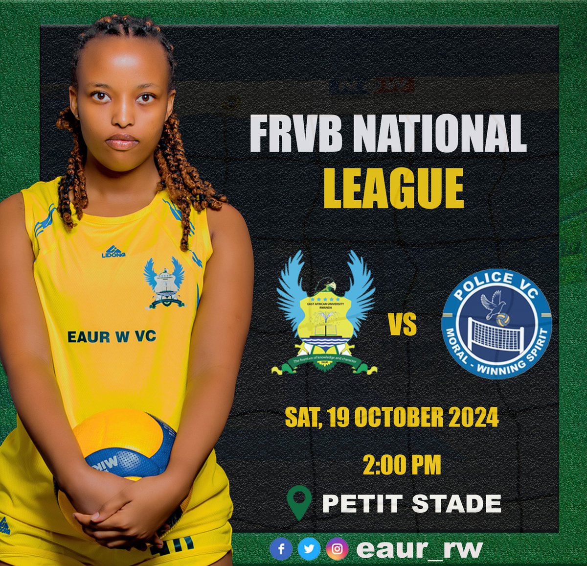 eaur_rw's tweet photo. The #Eagle is back!
Join us this Saturday as we face #PVC
📍Petit Stade
🗓️19 Oct 2024
🕑 02:00 PM
#Eagle🦅 Vs #Pigeon🕊️
#FRVB #NationalLeague #Phase1
#WeAreEAUR #KingOfTheSky🦅 #WhereVictoryBelongs https://t.co/E68UoAladr
