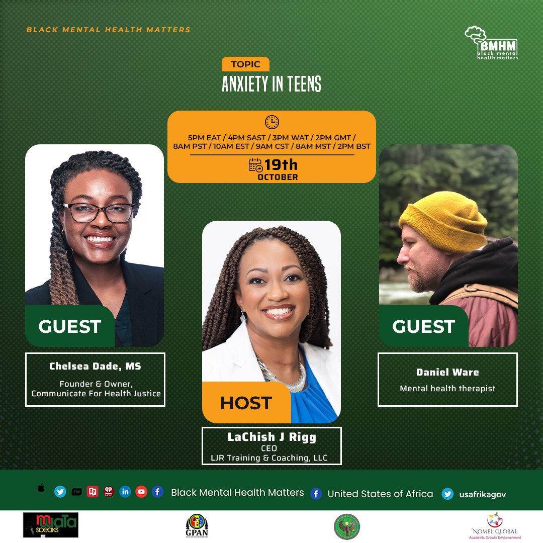 Join us this Saturday for the Black Mental Health Matters show! We’ll be discussing **Anxiety in Teens** with special guests Chelsea Dade, MS, Founder and Owner of Communicate For Health Justice, and mental health therapist Daniel Ware. Don't miss it!
#blackmentalhealthmatters