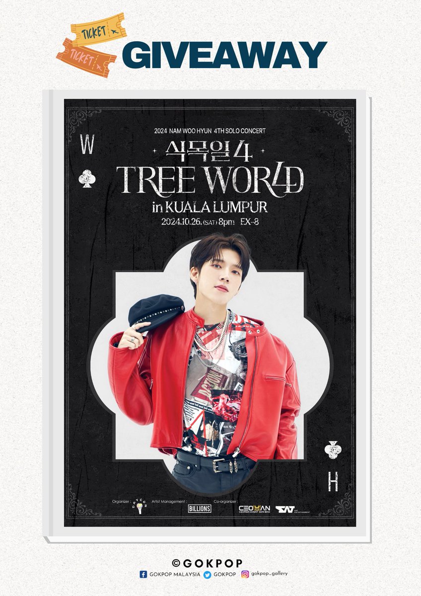 goKPOP's tweet photo. [🇲🇾]We are giving 2 tickets to 2024 #NamWooHyun '#식목일4-TREE WORLD' in KL🌟

To Join:
☝️Like &amp; Retweet this post with hashtag #GOKPOPxGIVEAWAY #GOKPOPxWOOHYUN
✌️Reply and tell us what song you wanna see #WooHyun perform

#NAMWOOHYUNinKL #NAMWOOHYUNinMY #남우현 #TREEWORLDinKL https://t.co/L36xQJcNvn
