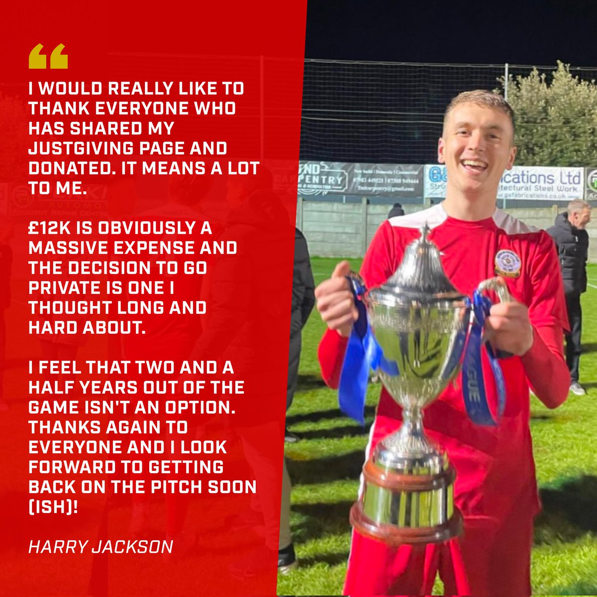 Horndean_FC's tweet photo. 🤝 A thank you from Harry Jackson to everyone who has generously donated towards his ACL surgery!

You can still support Jacko via the link below, any help towards his target would be greatly appreciated! 👇

https://t.co/iD5G6S0Ssf https://t.co/D6uHRMixk4