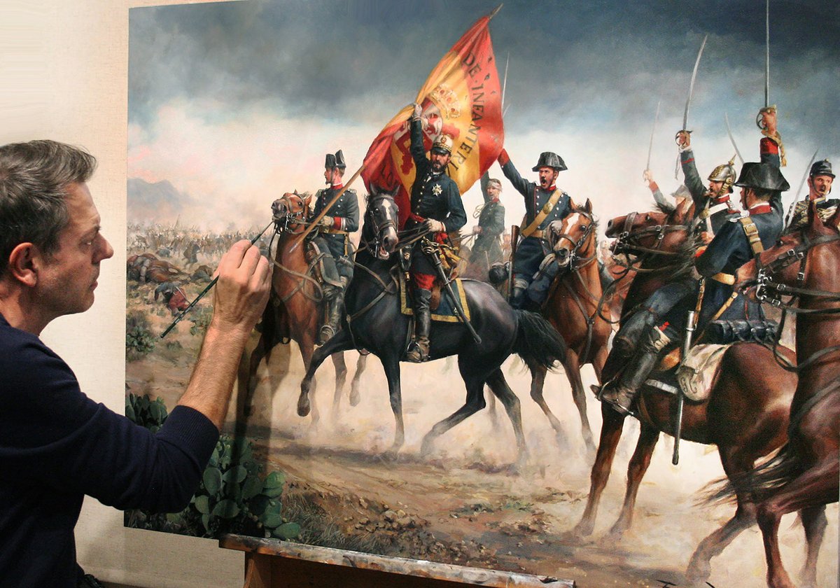DalmauFerrer's tweet photo. Ya falta poco para terminar "No me dejaréis solo"

Castillejos enero de 1860
La batalla pintaba mal, los enemigo superaban en número a las tropas españolas y estas no podían avanzar, fue entonces cuando el General Prim enarbolando la bandera y arengando a la tropa, se lanzó hacia el enemigo, protegido por seis escoltas de la Guardia Civil, (eran la élite de la caballería, los mejores jinetes y monturas), le siguieron sus oficiales y todos los demás…
Se ganó la batalla y la Guardia Civil cumplió con el deber de proteger al general, perdiendo la vida uno de ellos y varios heridos @perezreverte @guardiacivil