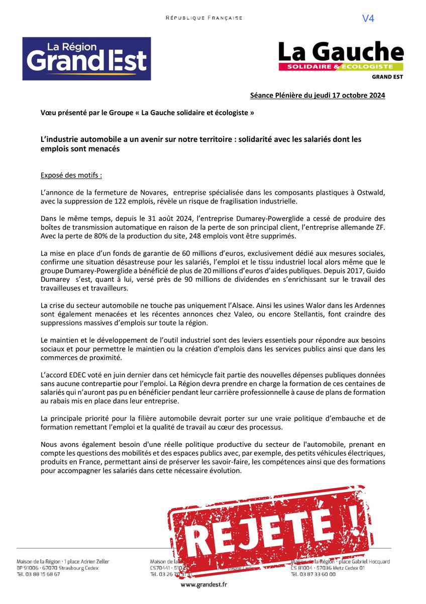 GaucheGrandEst's tweet photo. 🚗Notre groupe a déposé une motion "L'industrie #automobile a un avenir sur notre territoire : solidarité avec les salariés dont les #emplois sont menacés". 
❌Le RN , le droite et la macronie ont voté contre ! https://t.co/ZBuXLEdS5W