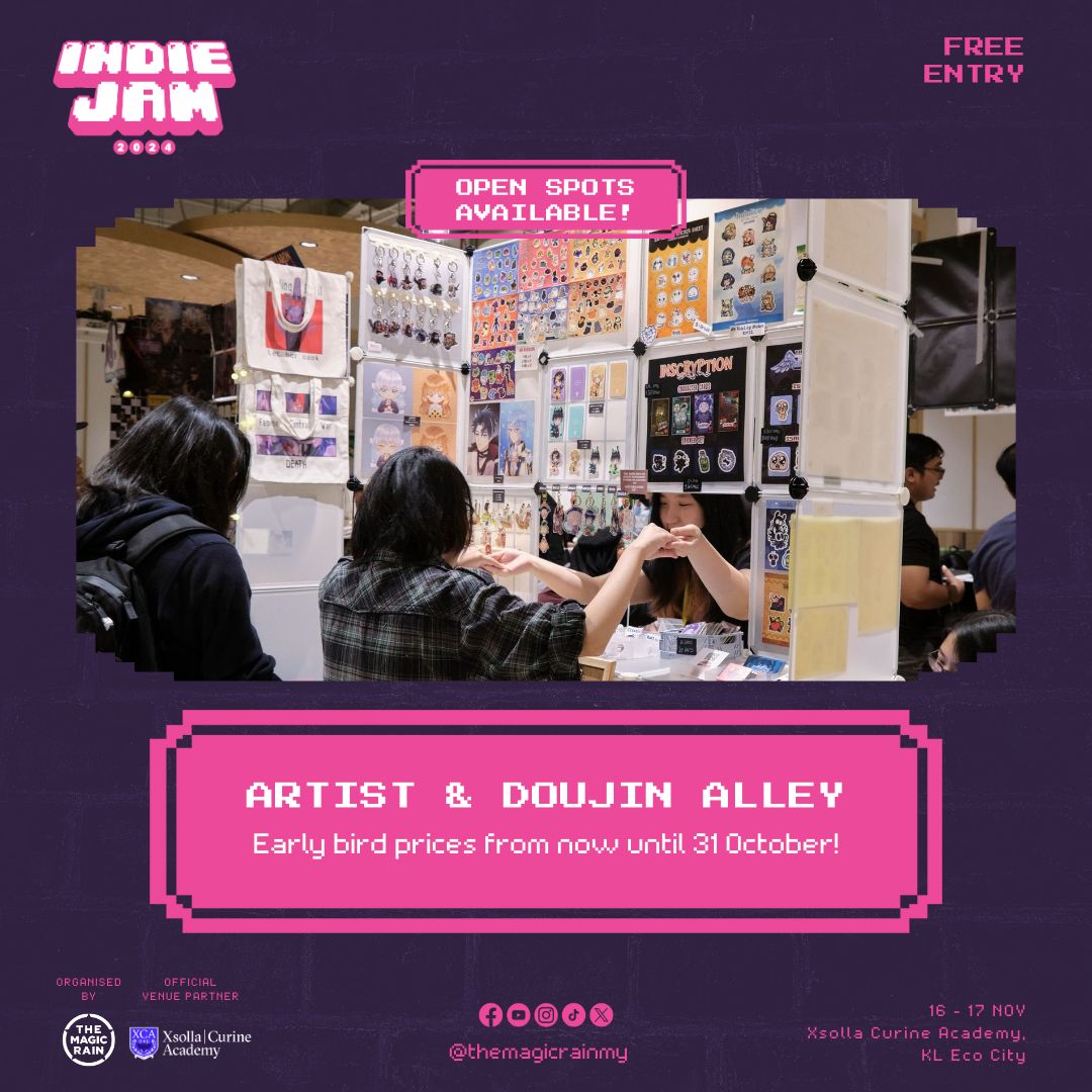 themagicrainMY's tweet photo. Applications are open for our games-focused artist &amp; doujin alley at Indie Jam 2024! Early bird prices are available now until 31st October 🎨 🎮 

Register here: https://t.co/SzI02xgxTT https://t.co/xTvJDP8LdW