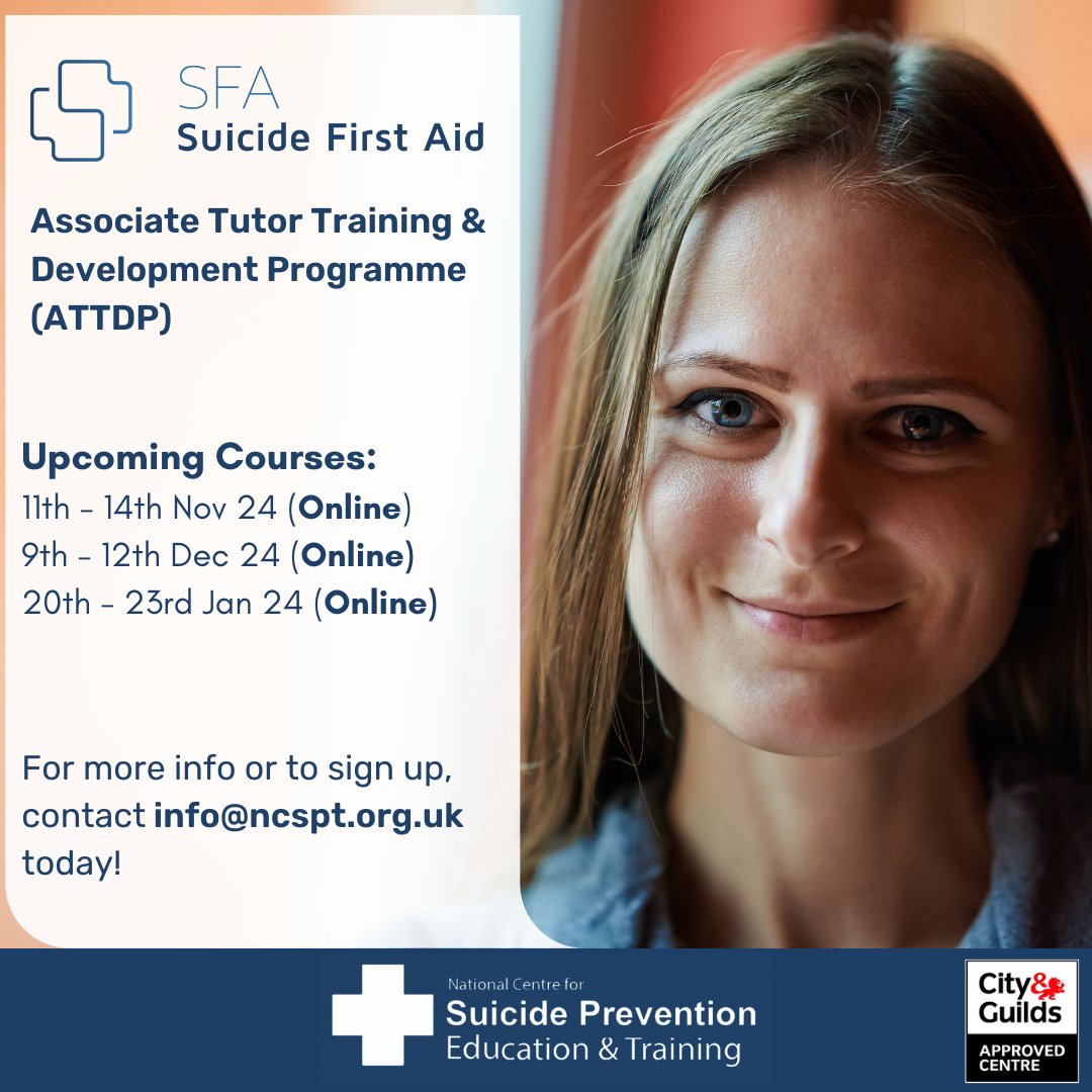 NCSPET_UK's tweet image. 📢 Spaces Still Available:
11th - 14th November 2024
9th - 12th December 2024
20th - 23rd January 2025
(All online via Zoom)

To learn more about this course or apply, please contact info@ncspt.org.uk today!

#suicideprevention #tutortraining #mentalhealth #mentalhealthmatters