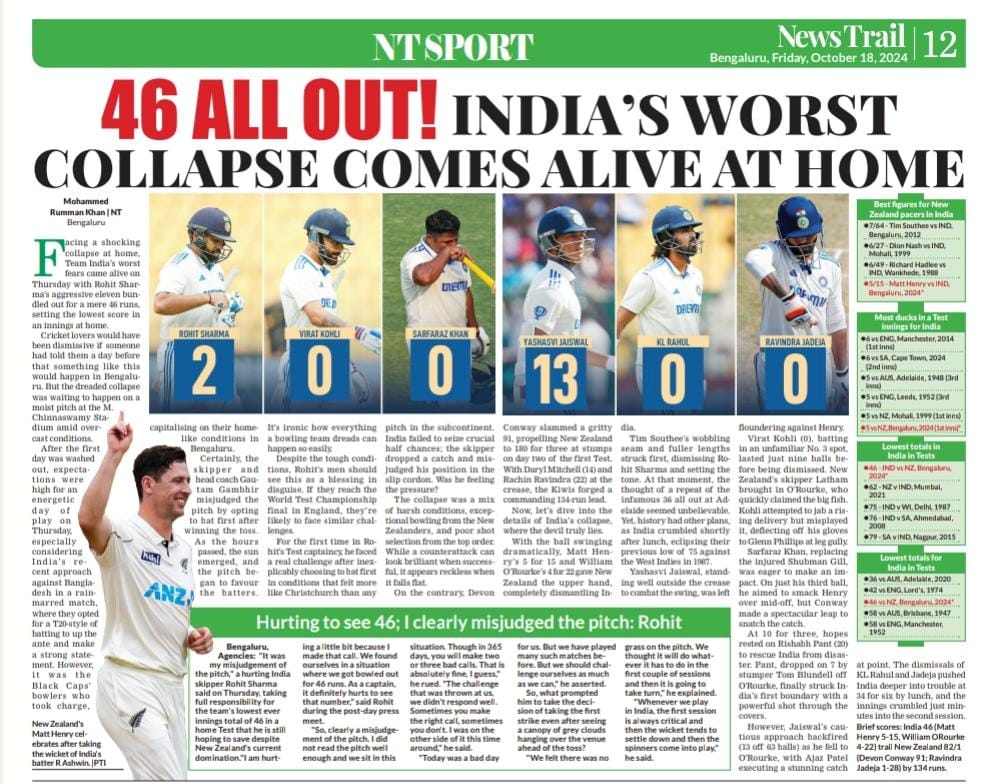 Mohammed_Rumman's tweet photo. Witnessing India's worst batting collapse at home was a disheartening experience. 

#Bengaluru #INDvNZ #chinnaswamy #Bangalore #RAVINDRA @BCCI @BLACKCAPS #Virat #RohitSharma𓃵 #ALLOUT https://t.co/fWnHT06Jdp