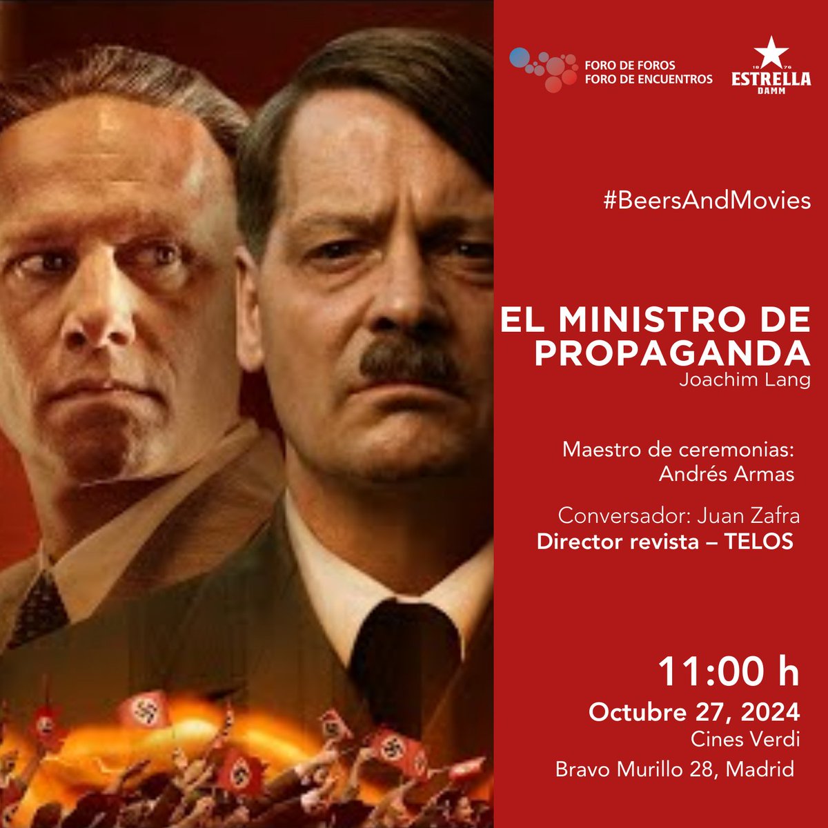 🎬Preestreno: El Ministro de Propaganda

Disfrutaremos de una conversación moderada por <a href="/andresarmasp/">Andrés Armas</a> con la participación como Conversador invitado de <a href="/prensa14/">Juan M. Zafra</a> , Director de la <a href="/revistatelos/">Revista Telos</a>  y Director General <a href="/clabe_editores/">CLABE • Asociación de Medios de Comunicación</a>.

forodeforos.org/evento/beers-m…

#beersandmovies