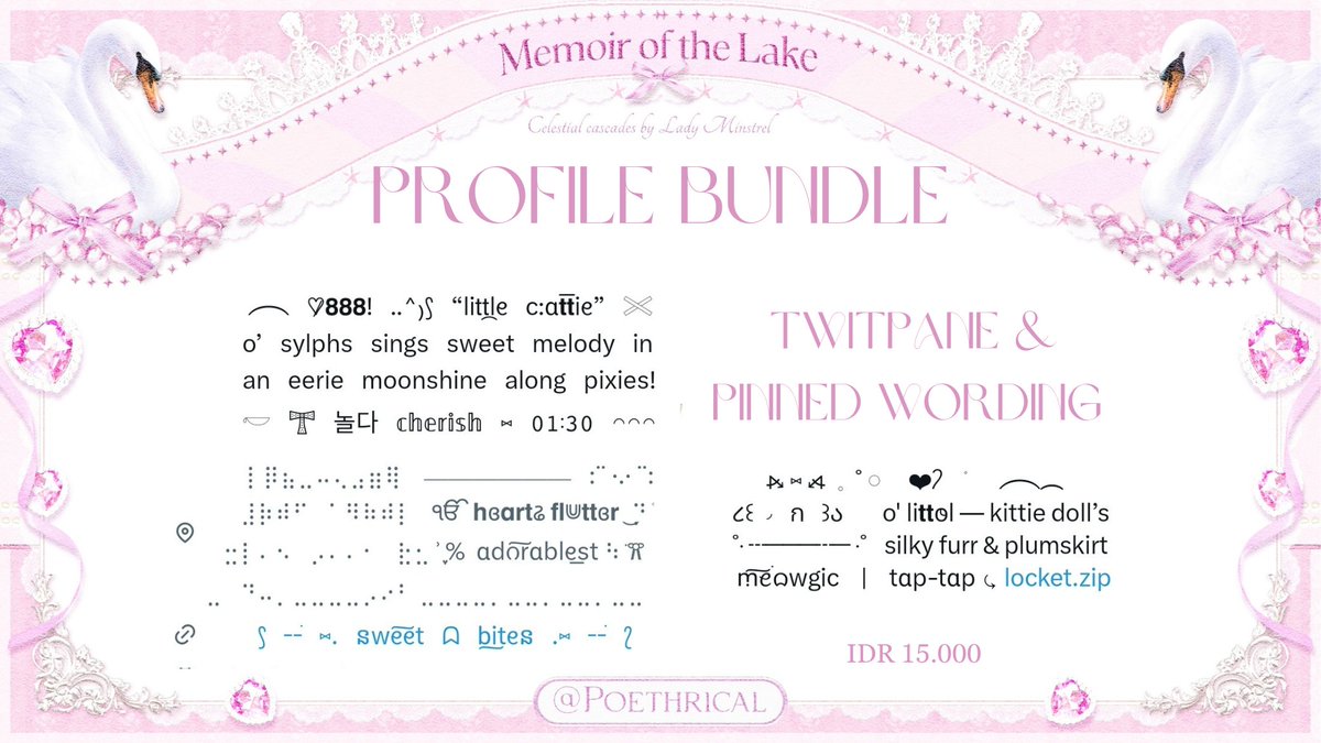 ⠀
⠀⸼   ۫ᥥ⑅ᥥ     “A repost would be
 ᨳᥩ ᪲„• ֊ •)𑁬    greatly cherished!”

⠀Hello, Lorra punya dua set bundle profile 
  (TwitPane &amp; Pinned Wording) bisa di-take
   sekarang melalui dm <a href="/Poethrical/">𝖳𝗁𝖾 𝖬𝗂𝗇𝗌𝗍𝗋𝖾𝗅, ℒ .. ❤︎</a>. 🐰🐈 

⠀𓃠 ‘wording’ #zonauang
⠀﹏﹏﹏    ׅ    ۫    🌷    ♡  

⠀