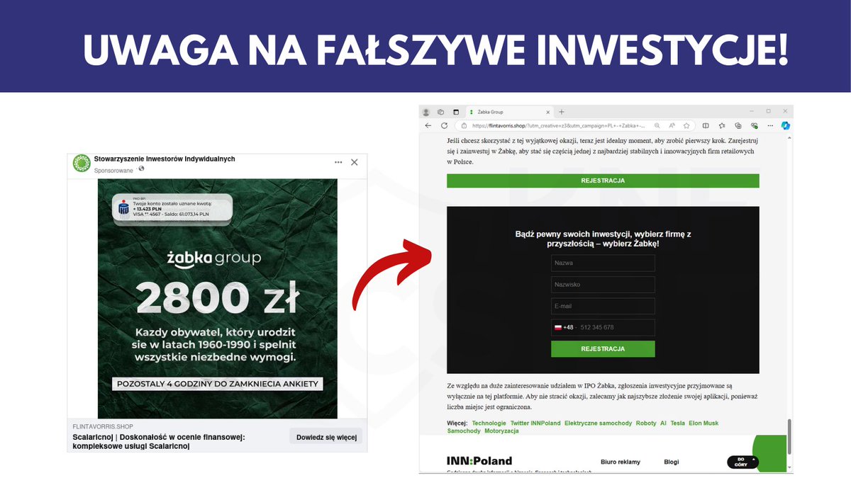 CSIRT_KNF's tweet photo. Uważajcie na reklamy fałszywych inwestycji, które cyberprzestępcy zamieszczają na portalu społecznościowym @facebook. 

Oszuści podszywają się pod sklep @ZabkaPolska i oferują szybkie zyski w krótkim czasie. W rzeczywistości reklamy kierują do niebezpiecznych stron, gdzie wymagane jest dokonanie rejestracji. 

W dalszej części oszustwa cyberprzestępcy kontaktują się z ofiarami i namawiają do zainwestowania oszczędności! 

Bądźcie ostrożni i nie dajcie się okraść!