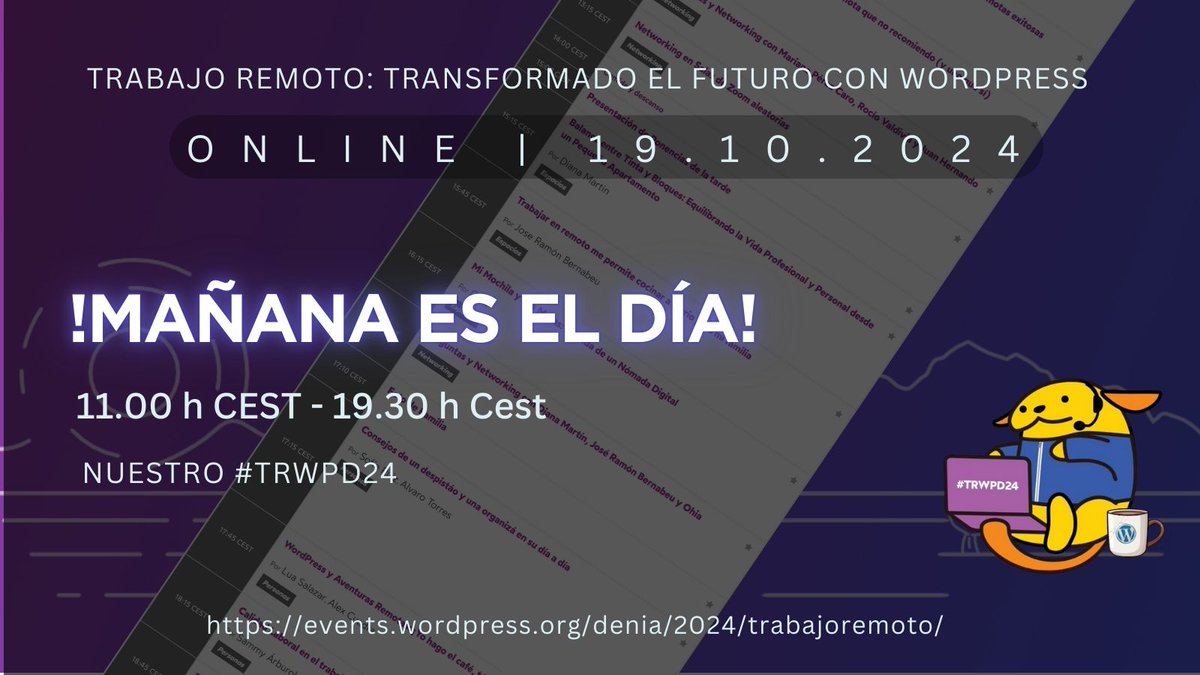 Ya estamos a un día de empezar Trabajo Remoto: transformando el futuro con #WordPress. 
¡Entrada Gratis!
<a href="/alexcuadr4/">$alexCuadra 🇳🇮</a> <a href="/lidivanarroyo/">Lidia Arroyo</a> <a href="/AngelZinsel/">Angel Zinsel</a> <a href="/juansegui/">Juan Seguí Moreno</a> <a href="/acceseo/">acceseo</a> <a href="/JosVelasco/">Jos Velasco 🏔</a> <a href="/sammy_arburola/">Sammy</a> <a href="/JulesCesarMx/">Julio Cesar Godinez</a> <a href="/PotenciaPro/">Potencia Pro</a> <a href="/LucusHost/">LucusHost</a> <a href="/ayudawp/">Ayuda WordPress</a> <a href="/ciudadanoB/">Juan Hernando</a>
#TRWPD24 #trabajoremoto