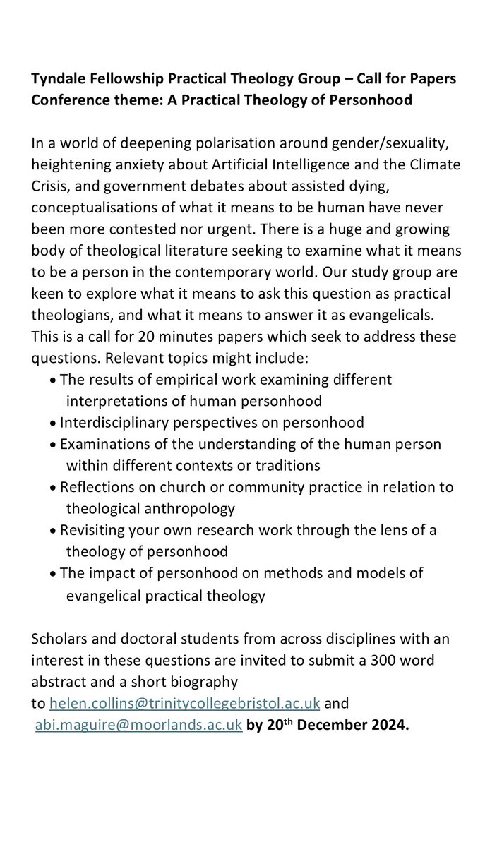 Dr Abi Maguire (@abimaguire5) on Twitter photo The <a href="/TyndaleFellows/">Tyndale Fellowship</a> Practical Theology study group #callforpapers for the ’25 conference on the theme of personhood is now open. Deadline 20th December 2024! The <a href="/TyndaleFellows/">Tyndale Fellowship</a> Practical Theology study group #callforpapers for the ’25 conference on the theme of personhood is now open. Deadline 20th December 2024!