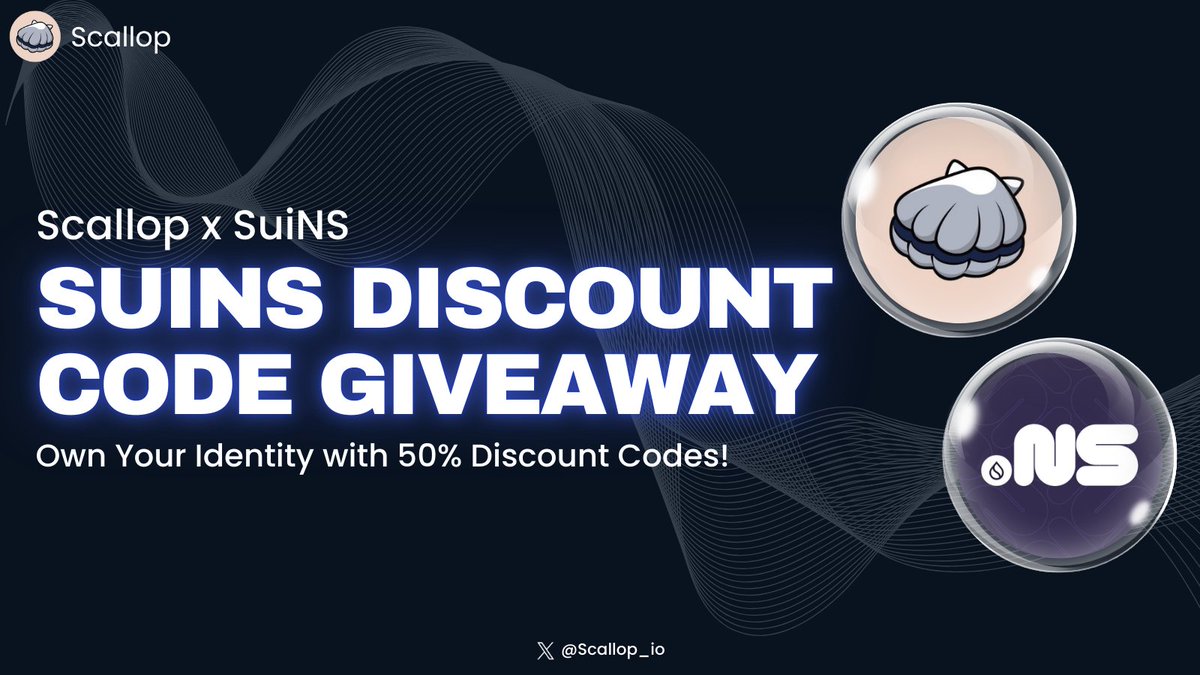 Scallop_io's tweet photo. ✨Scallop x SuiNS Giveaway

Looking to get your very own Sui name?👀

Scallop is partnering with @SuiNSdapp to giveaway 20x 50% Discount Codes for SuiNS to our Scallopers!

To enter:
1️⃣Follow @Scallop_io & @SuiNSdapp 
2️⃣Like, RT & Tag 2 friends
3️⃣Comment Sui wallet

⏳48 Hours