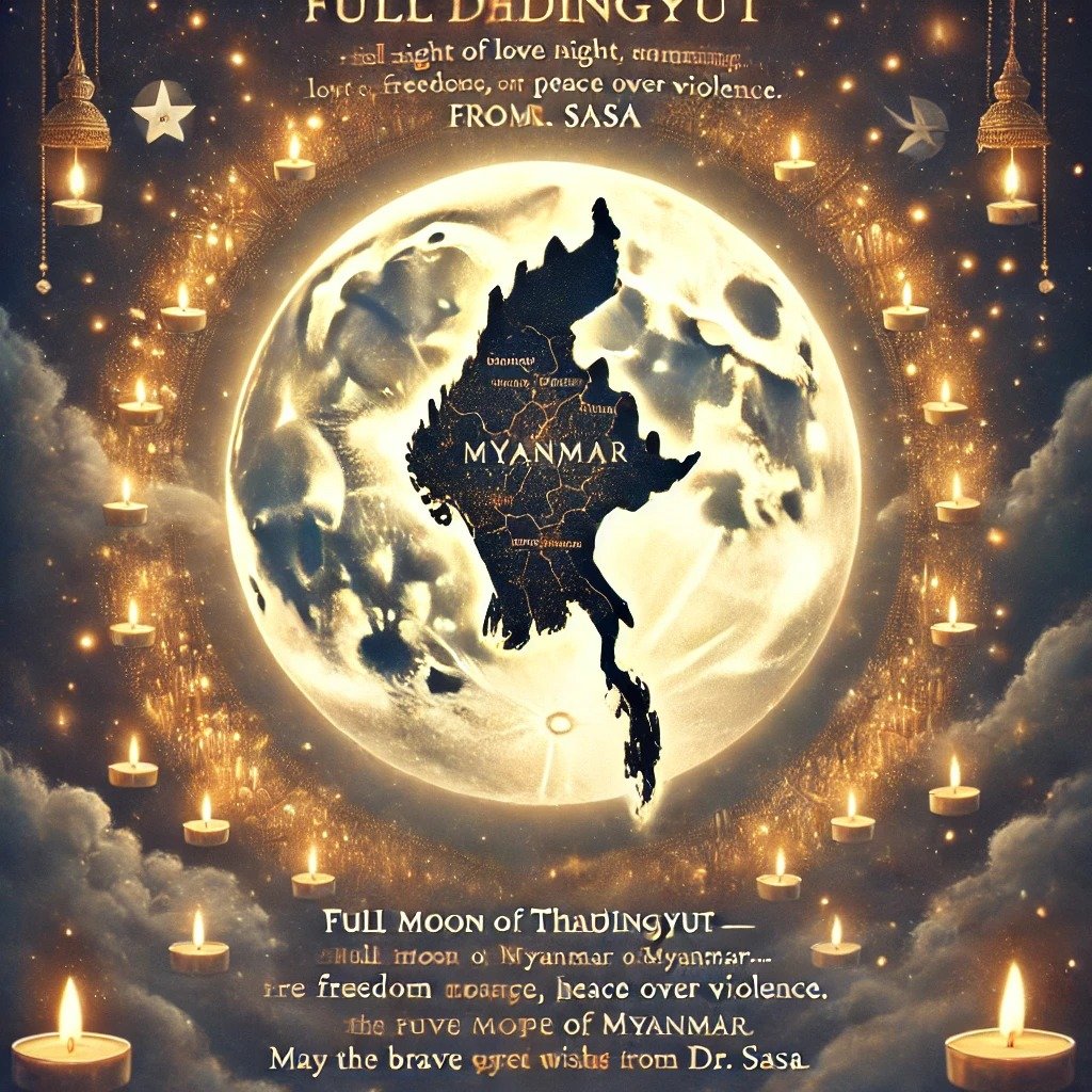 Thadingyut Wishes 🌕✨
The Full Moon of Thadingyut symbolizes the triumph of light over darkness, love over hatred, freedom over tyranny, and peace over violence. On this special day, may the courageous people of Myanmar be blessed with hope and strength for a new dawn. Let this