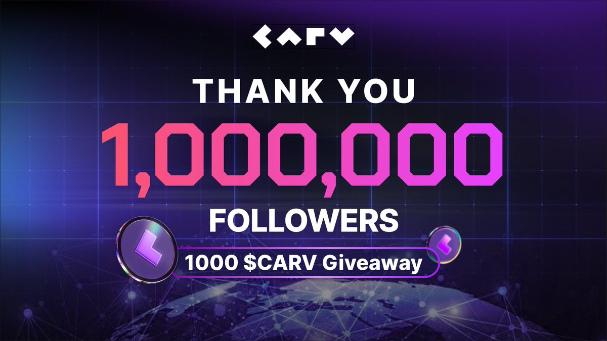 이제 곧 100만 팔로워를 돌파할 예정이니, 이제 요리할 시간입니다. 

데이터 혁명에 동참해 주시는 신규 및 기존 CARVers에게 감사의 마음을 전하고자 경품을 증정하는 이벤트를 진행합니다: 

당첨자 100명에게 1000 $CARV를 드립니다!

참여 방법은 다음과 같습니다: 

- 팔로우 
<a href="/carv_official/">CARV</a>