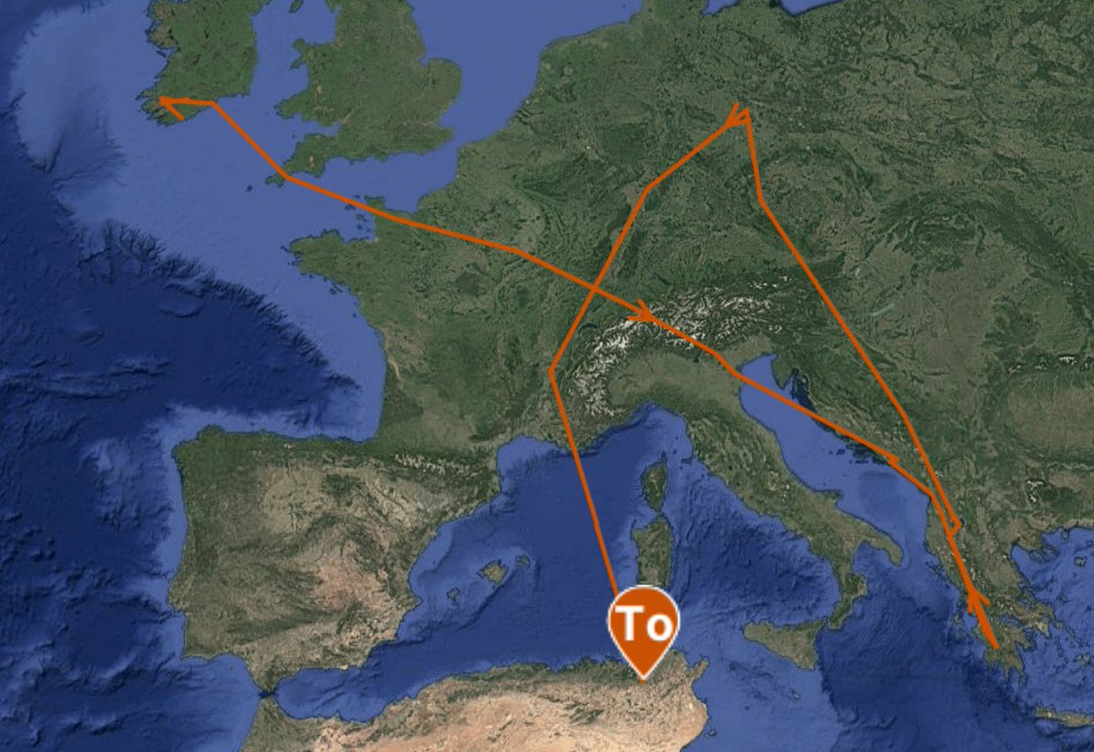 SamBayley2's tweet photo. Irish Cuckoo Update - Concerns for Torcs welfare seem to have eased with him finally leaving Europe and crossed the Mediterranean into Tunisia 🇹🇳. Cores is still on the southern edge of Sahara, but KP has now moved into the Congo basin wintering grounds @_BTO @NPWSIreland https://t.co/OYWzzOaQdb