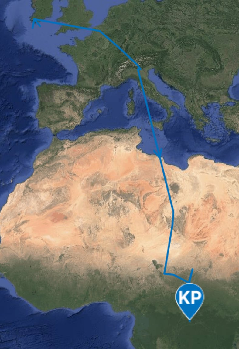 Irish Cuckoo Update - Concerns for Torcs welfare seem to have eased with him finally leaving Europe and crossed the Mediterranean into Tunisia 🇹🇳. Cores is still on the southern edge of Sahara, but KP has now moved into the Congo basin wintering grounds <a href="/_BTO/">BTO</a> <a href="/NPWSIreland/">National Parks and Wildlife Service</a>