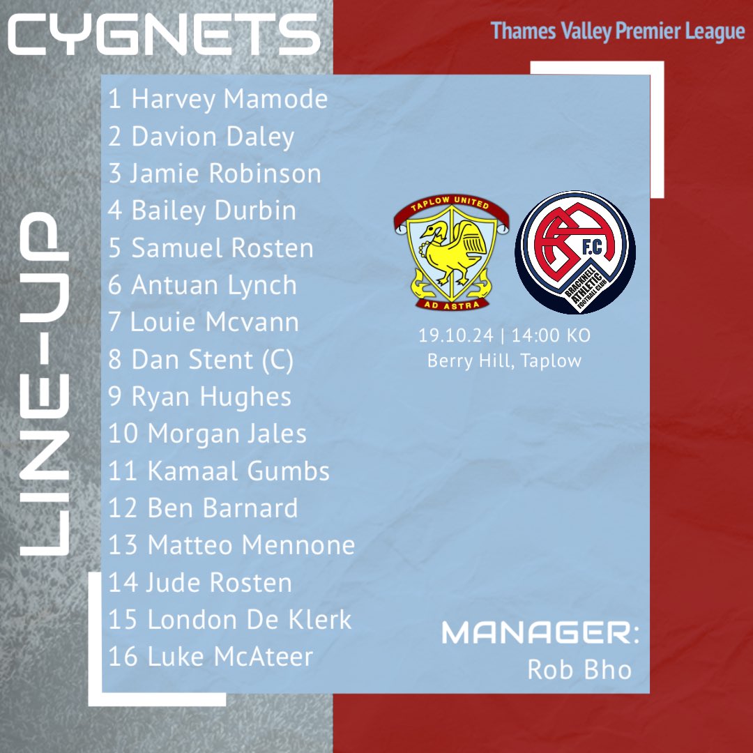 TaplowUnitedFC's tweet photo. 🚨Cygnets Squad Alert🚨

📅 Saturday 19th October
🆚 Bracknell Athletics
🏆 League
⏰ 2pm KO
🏟 Berry Hill
📍 Taplow, SL6 0DA

Clubhouse opens from 1pm for refreshments!

#WeAreTaplow 🦢 https://t.co/5o95fMUfR5