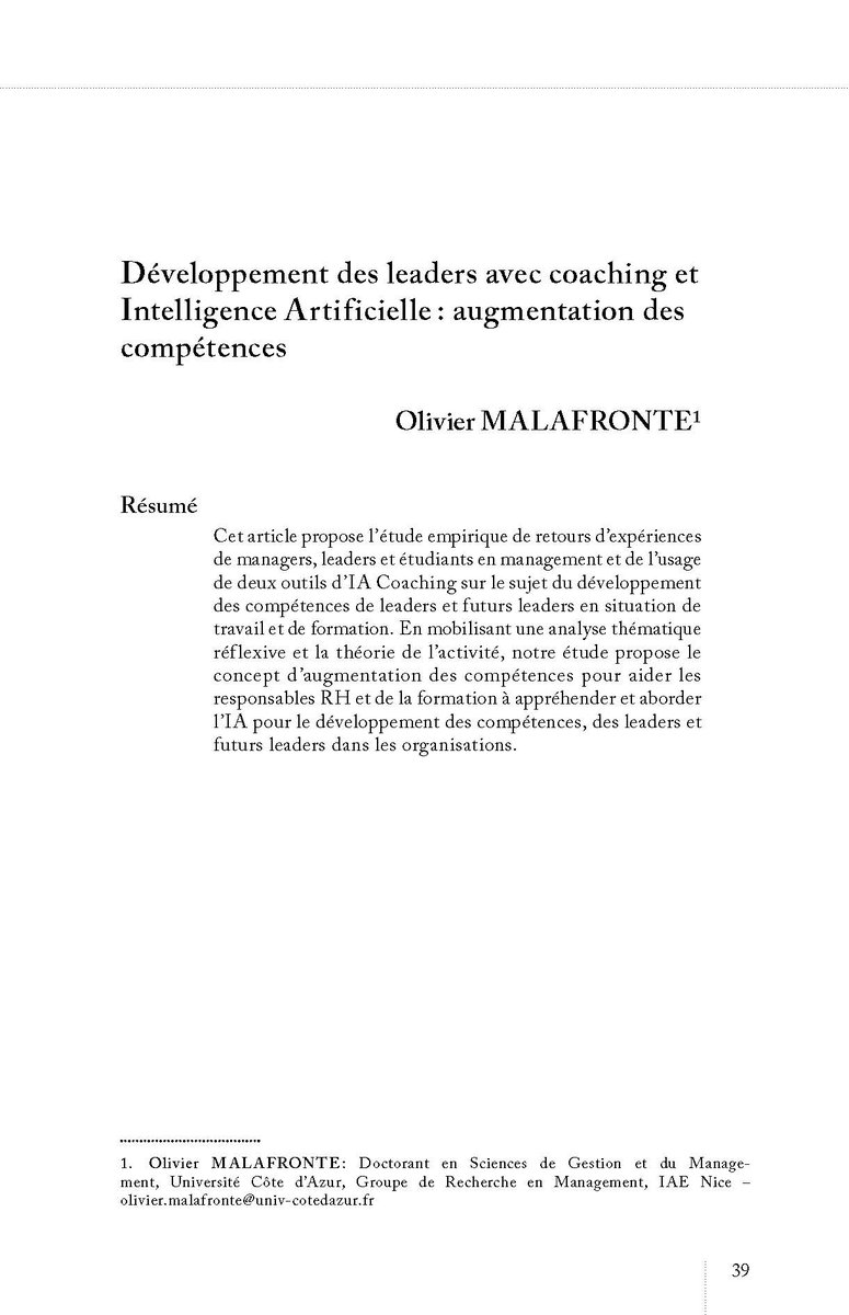 A lire dans le dernier numéro de la Revue Management &amp; Avenir  💡

Développement des #leaders avec #coaching et #IA ! Article d' Olivier MALAFRONTE

Ici 👉 managementetavenir.fr/article/manage…

#futur

#management

#prospective

#tendances

#innovation

#RH

#compétences
