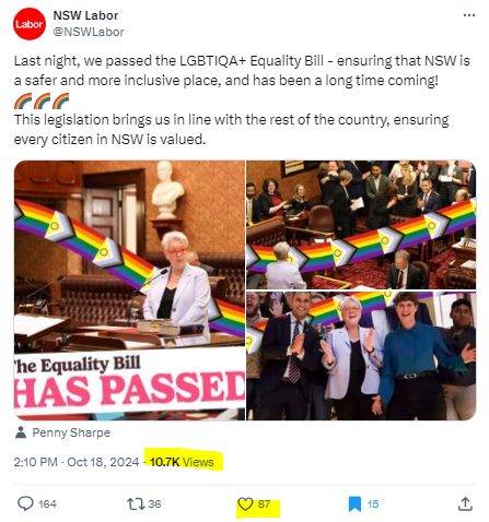 Kat4e4's tweet photo. @NSWLabor @PennySharpemlc I'm not seeing a lot of support or celebration.
10.7K views 87 likes
I Stand with Women, Children and the LGB.
Sex Matters. Same sex attraction is not transphobic! Lesbian ~ same Sex attracted female.
Woman ~ adult, human, female.
#RespectMySex #auspol #ThisIsNotEquality https://t.co/ZgZKQo5uB2