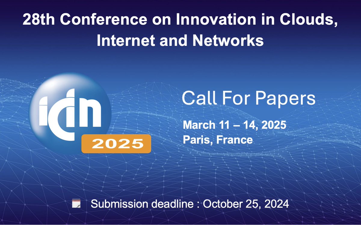 📢🔔🔜 Paper submission deadline for #ICIN2025 is approaching fast, Only week away!! 
Submit your Full and Short papers by: October 25th and be part of the discussion and learn from a true leader in the field
👉 Submissions: icin-conference.org/call-for-paper…
<a href="/ComSoc/">IEEE ComSoc</a>  <a href="/IEEEFrance/">IEEE France</a>